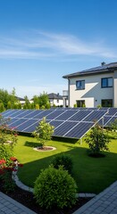 A landscaped backyard features solar panels mounted on a grassy area, complementing a modern home.