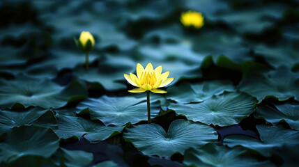 A serene pond with a single yellow lotus flower and two green leaves, surrounded by dark green water lily pads, set against a dark blue background.