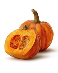 Obraz premium Two pumpkins, one whole, one halved, vibrant orange