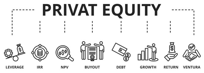 Banner private equity concept vector illustration with icons on white background