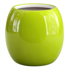 Round, vibrant green ceramic pot, glossy and modern, with a white interior, isolated on a white background