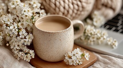 Neutral Beige Minimalist Workspace Flatlay with Coffee and Blossoms
