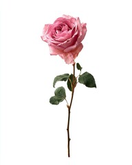 Pink rose, stem, leaves, isolated