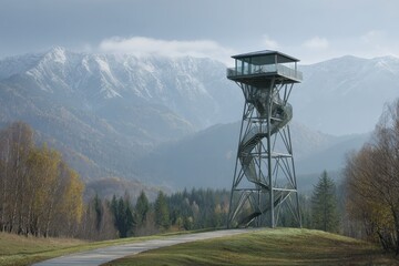 Modern observation tower with spiral staircase amidst autumn forest and snow-capped mountains
