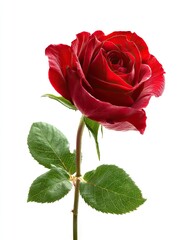 Single red rose with leaves