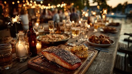 Summer Night BBQ with Grilled Fish, Side Dishes, and Sparkler Ambience