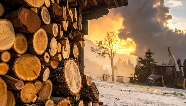 Wooden logs stacked against a cabin at sunset
