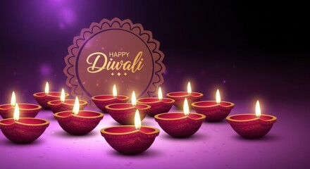 Illuminated diyas with happy diwali text on decorative background for the festival of lights celebration