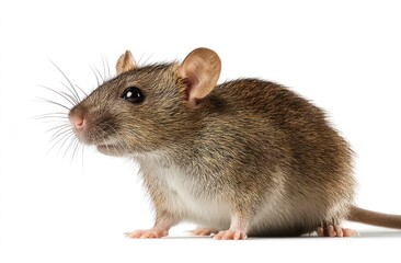Brown rat with pink nose against a plain white background, side view, close-up