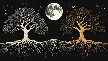 Two majestic trees, contrasted in color, stand rooted against a dark night sky, illuminated by a large moon.