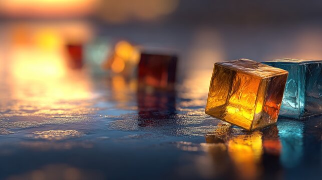 Colorful translucent cubes arranged in a blurred row on a reflective, watery surface with a warm, soft bokeh background
