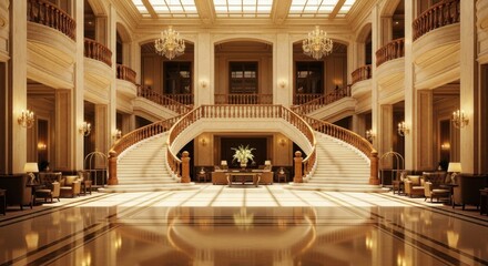 Luxurious Grand Hotel Lobby with Elegant Curved Staircases and Ornate Chandeliers