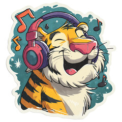 A cheerful cartoon tiger wearing headphones, enjoying music with a joyful expression and colorful background.