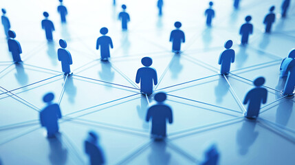 A group of blue and white figurines connected by lines, forming a network on a blue background.
