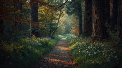 Fototapeta premium A sun-drenched woodland path winds through a dense forest, bathed in a soft, golden light, showcasing a tranquil and peaceful atmosphere.