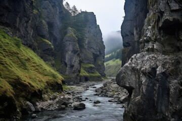 Rugged canyon river with steep mossy cliffs and distant mist rocks water