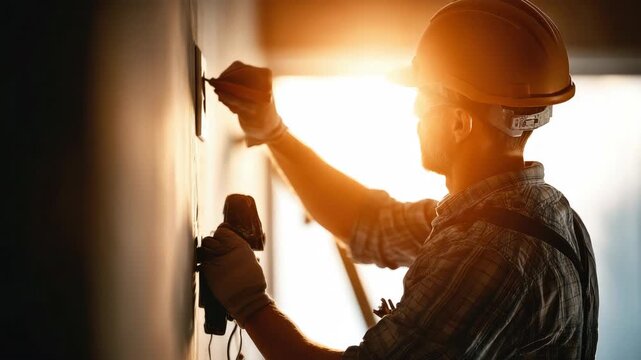Construction worker installing electrical outlets on a wall during sunrise, focused on details and safety in a modern indoor setting.
