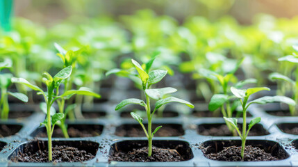 Fototapeta premium A group of young plants growing in a black tray with soil, surrounded by green leaves and stems, in a controlled environment with a blurred background.