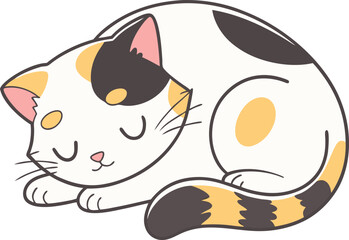 A cartoon cat is curled up and sleeping on its side, exuding a sense of tranquility and comfort.