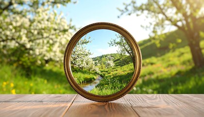 Reflecting on the beauty of spring landscapes through a circular vintage frame