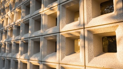 A patterned wall of concrete blocks with recessed squares.