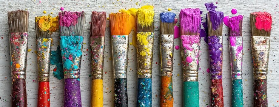Array of colorful paintbrushes resting atop a textured white wooden surface, adorned with speckled paint drips and vibrant hues