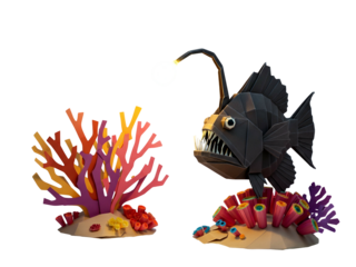 Low-poly anglerfish and colorful coral reef models on a sandy base against a white background.