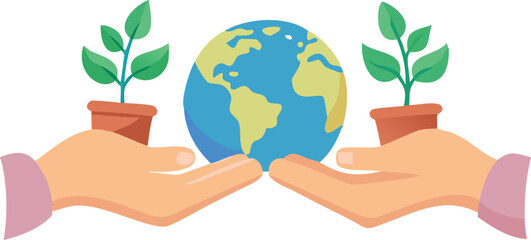 A pair of hands cradling a globe with vibrant plants, representing a connection between humanity and the environment.