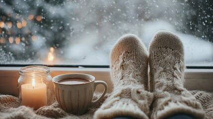 A cozy winter scene with a person's feet in warm socks, a hot drink, and a candle by a window with falling snow outside.