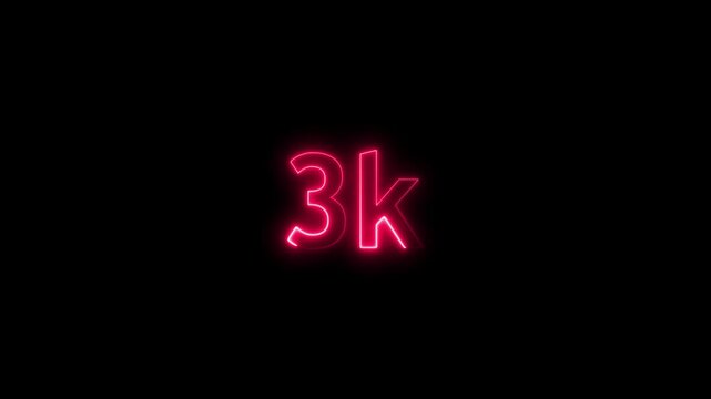 Abstract glowing neon light 3K letter animation. 3K followers or subscribers.text font with neon effect, followers congratulation card. Achievement in.4k