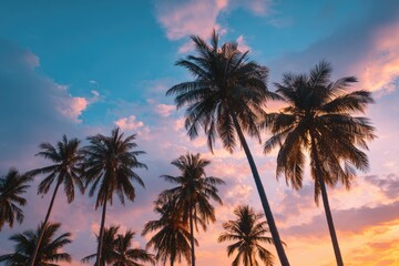 Fototapeta premium Silhouetted palm trees against a vibrant sunset sky