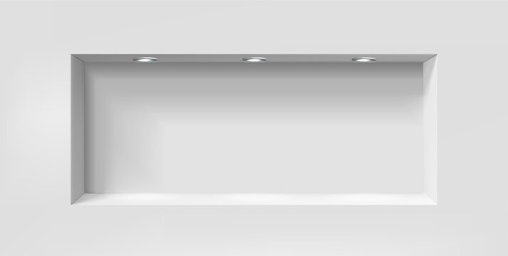 3d realistic vector illustration. White wall long square niche box shelf with spot lights.