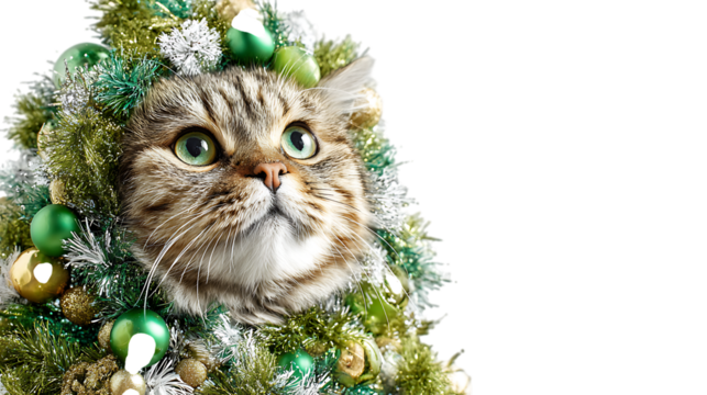Cat dressed as a christmas tree isolated on transparent background. - Powered by Adobe