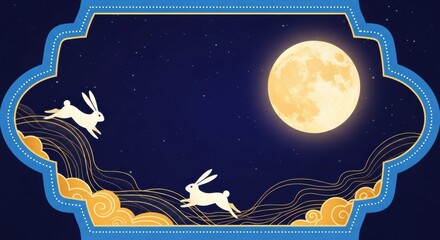 Illustration of rabbits jumping in the night with a full moon in a decorative border design