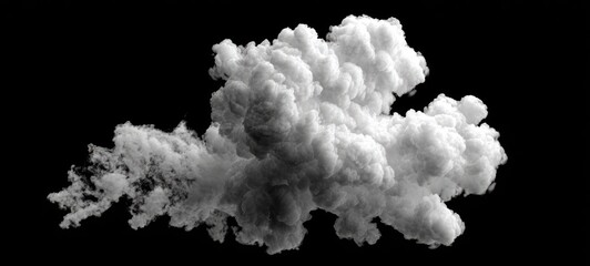 A dense, white cloud of smoke billowing against a stark black background. Wisps taper to the left, forming a dense cluster to the right