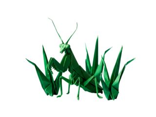 Origami praying mantis crafted from green paper nestled amongst blades of grass, symbolizing nature's delicate artistry