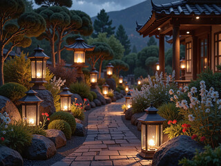 Fototapeta premium Warm candlelight brings a magical and intimate ambiance to the garden.