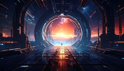 A futuristic tunnel corridor opens to a vibrant sunset, showcasing intricate architecture and a sense of wonder.