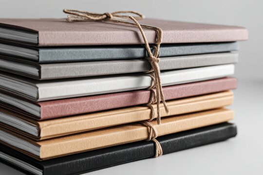 Stack of hardcover photo albums with textured, multicolored covers, tied with a simple jute twine bow.