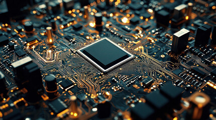 A complex electronic circuit board with a central processor chip and various components