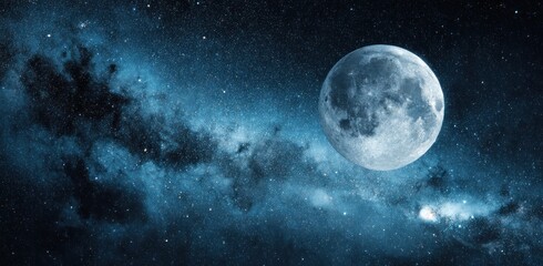 Celestial vista featuring a full moon amidst a starry, cloudy, deep blue expanse, evocative of cosmic wonders and nocturnal tranquility