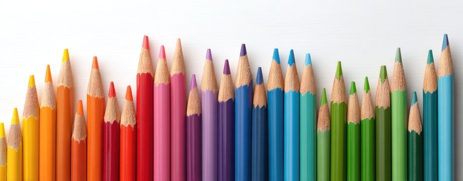 A colorful array of sharpened pencils aligned in a gradient, spanning from yellow to blue-green, against a bright, neutral background - Powered by Adobe