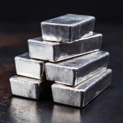Stack of Shiny Silver Ingots on Dark Reflective Surface, Wealth Concept