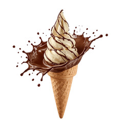 Ice cream cone explosion with chocolate topping against a minimalist background