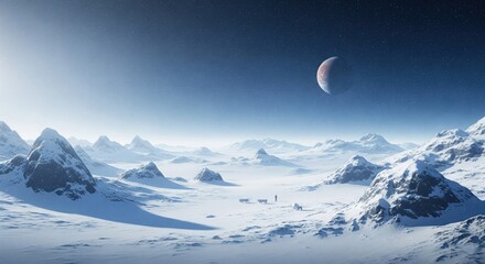 Frozen alien landscape with a distant planet