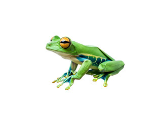Fototapeta premium Detailed macro shot of a beautiful green tree frog with striking orange eyes and blue sides, perfectly isolated on a white background