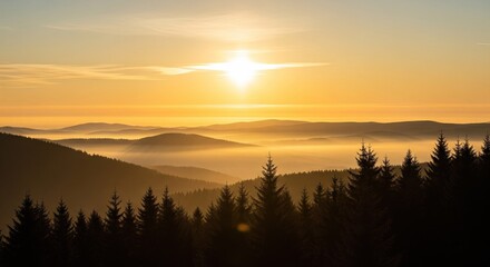 Naklejka premium Golden Sunrise over Misty Mountains