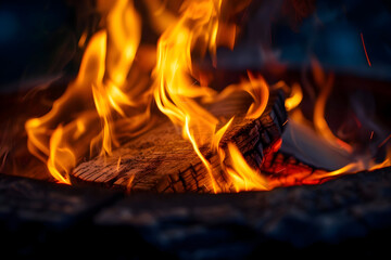 Close-up of an outdoor fireplace with a large yellow flame