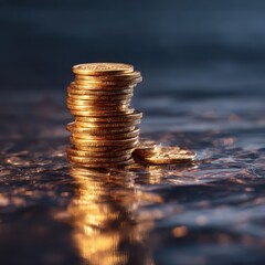 Stacked Gold Coins Reflecting on Water Surface