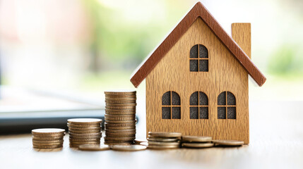 A wooden house model with a roof and windows, placed on a table with a stack of coins in front of it.